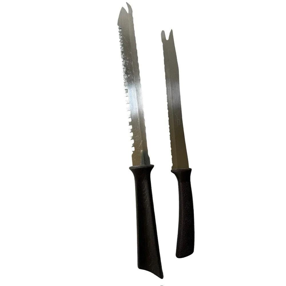 2 Piece Quick Cut Knife Serrated Knife Set Vintage USA Made Brown Composite